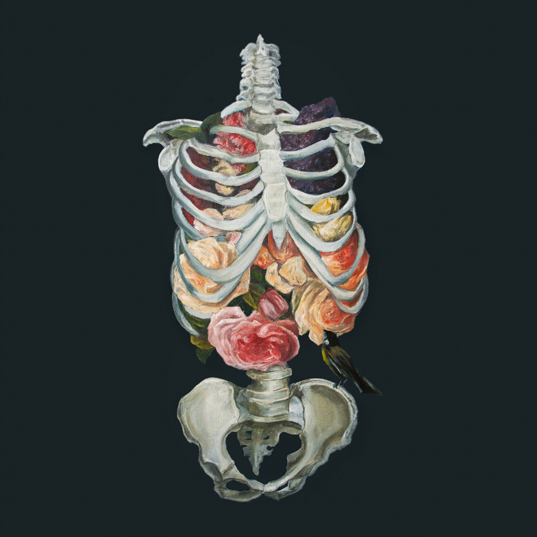 Bouquet of flowers trapped inside of a ribcage accompanied by a small black and yellow bird