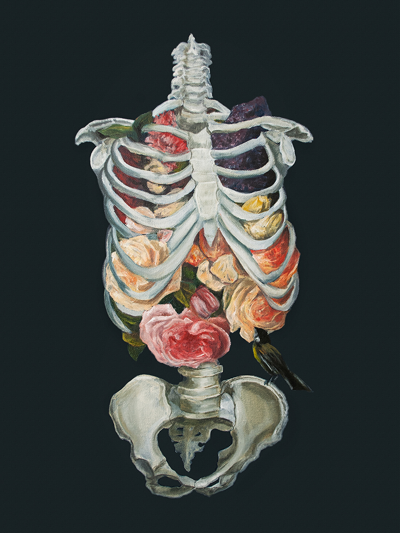 Bouquet of flowers trapped inside of a ribcage accompanied by a small black and yellow bird