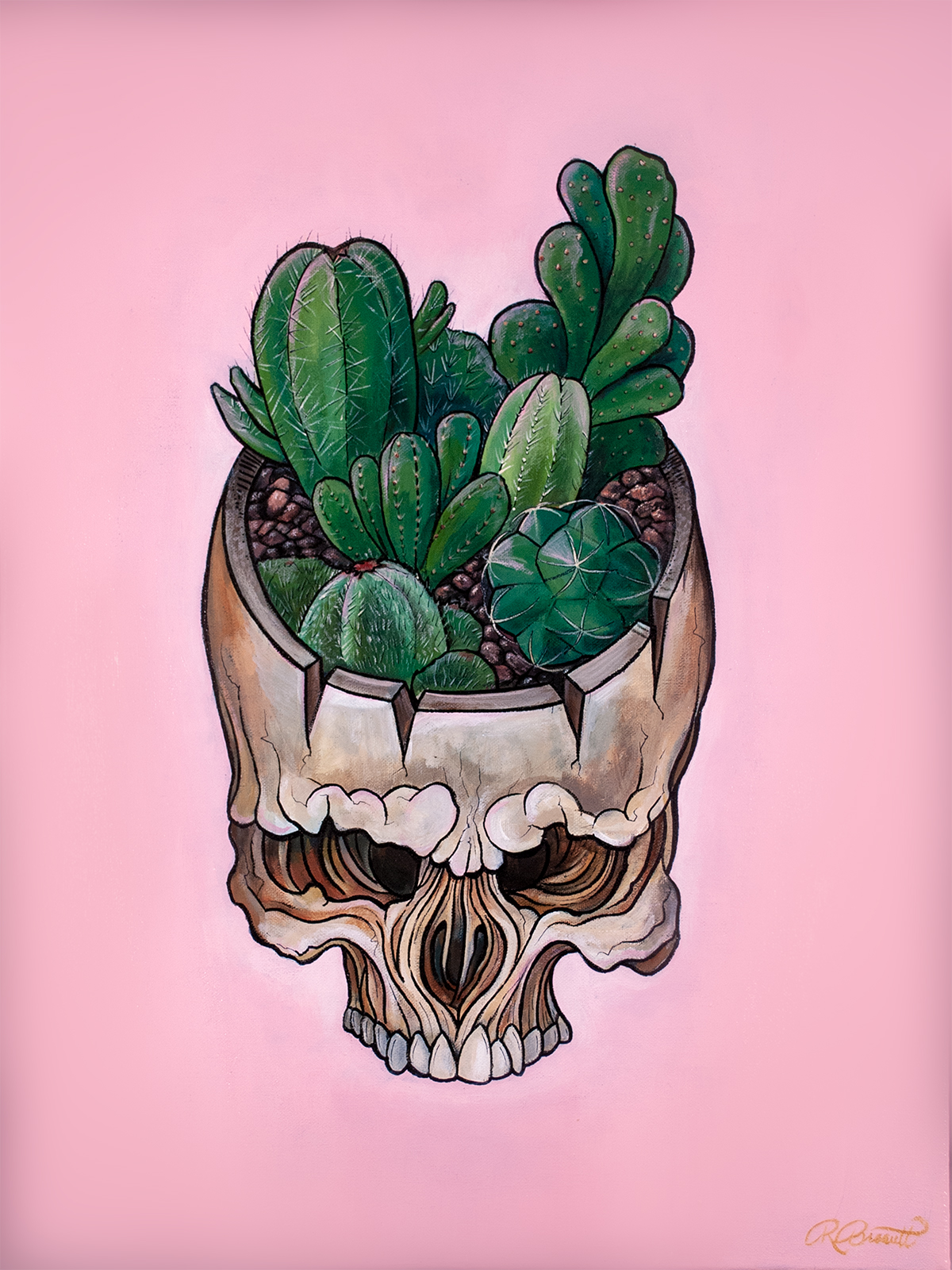 graphical skull with assorted cacti planted inside the upper half of the skull set against a pale pink background