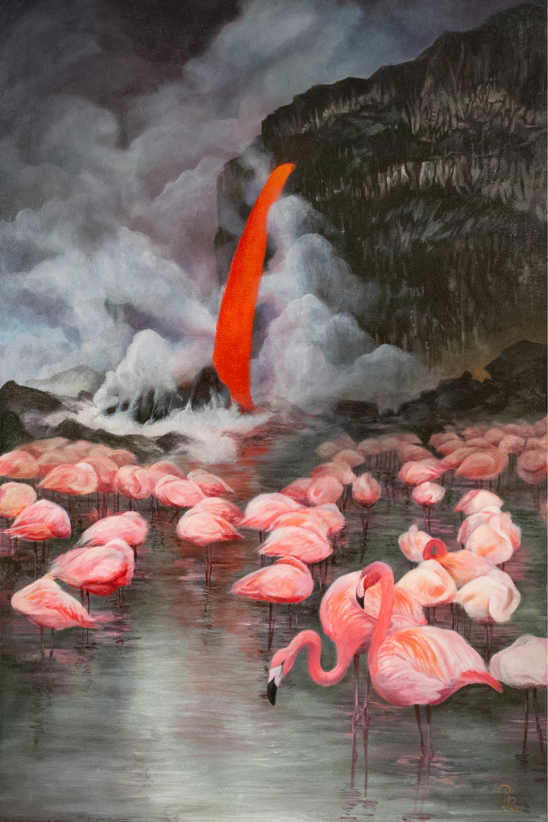 a flock of flamingos standing in front of a backdrop of a single lava flow cascading from a sheer cliff face with smoke rising up around