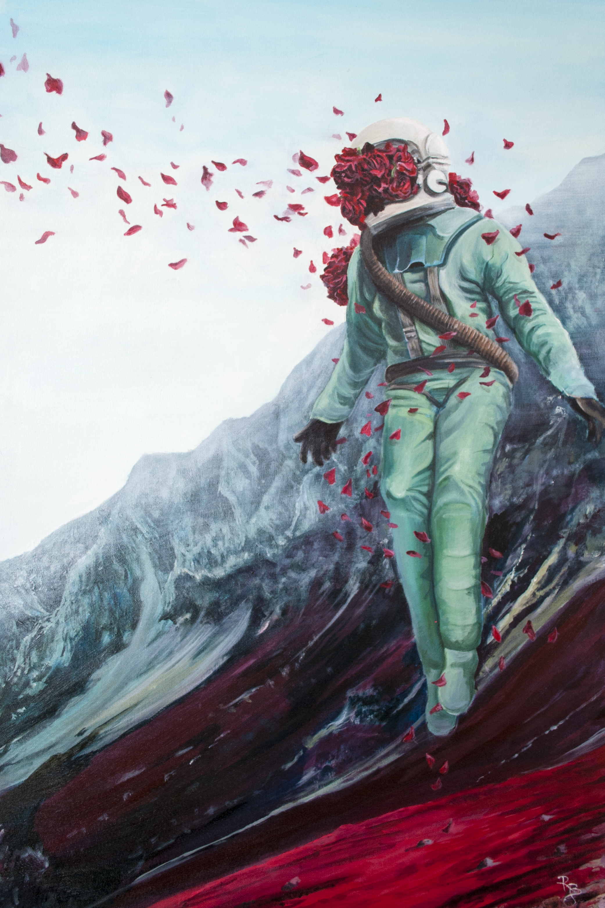 levitating astronaut with a helmet exploding with flowers placed in a mountainous terrain
