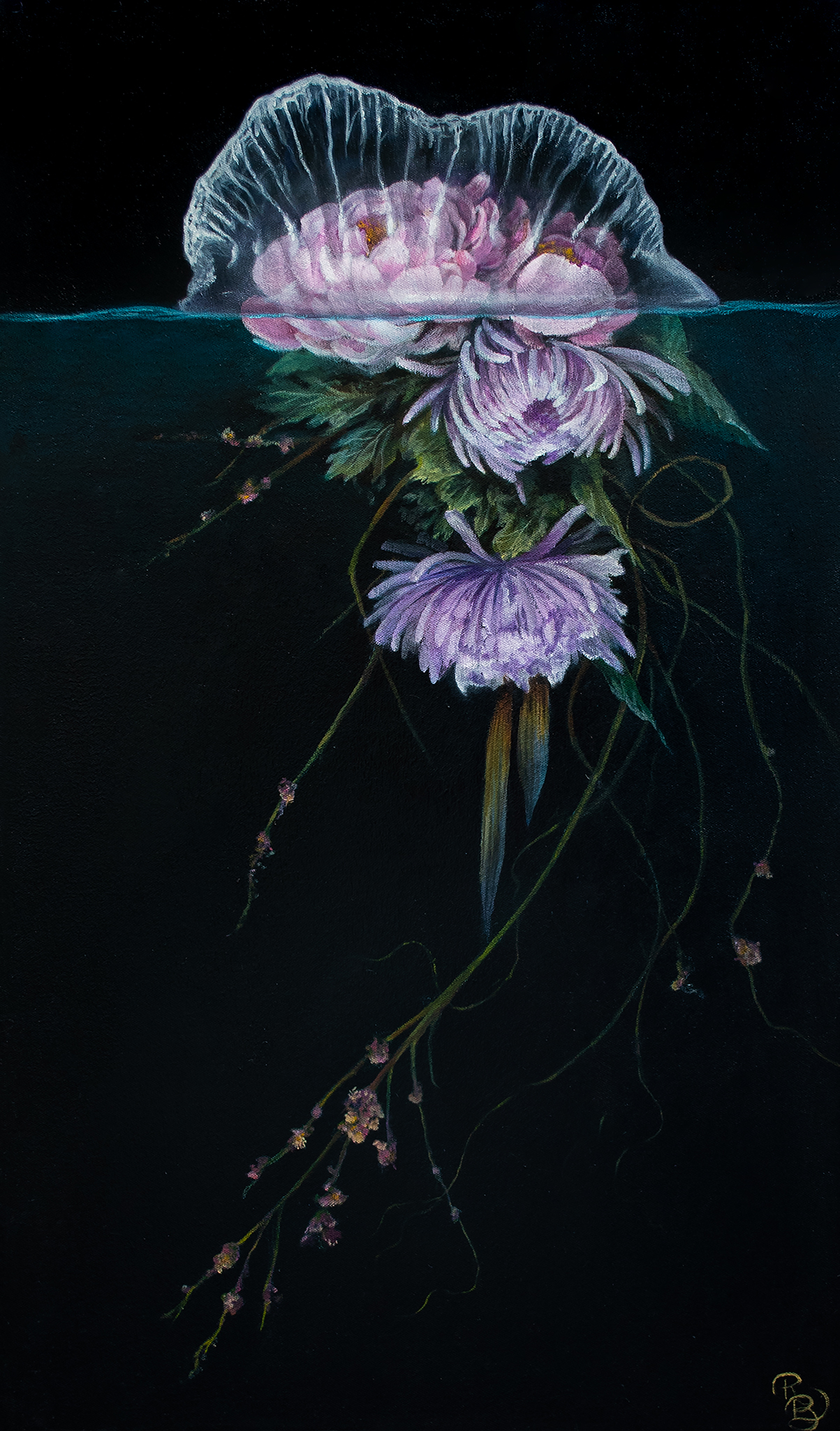 Man-o-war jellyfish floating on water withe peonies, chrysanthemums, small budded flowers and vines forming the tentacles on top of a dark background