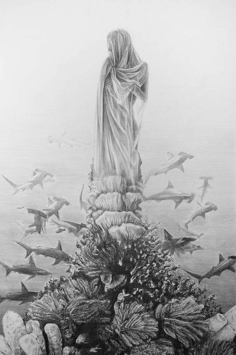 graphite drawing of a female form draped from head to base in fabric marble statue on top of a mountain of coral reef with hammerhead sharks circling