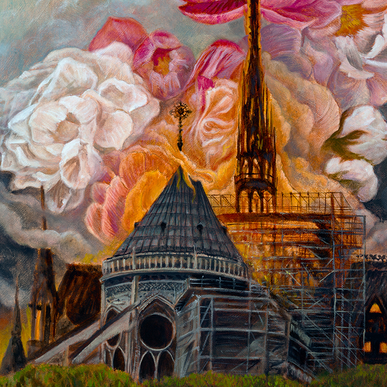The Notre Dame cathedral burning. The smoke from the fire is transforming into pink and white peonies. A single coral peony sits on top of the tallest spire impaled by the cross which is commingling with the stamen.