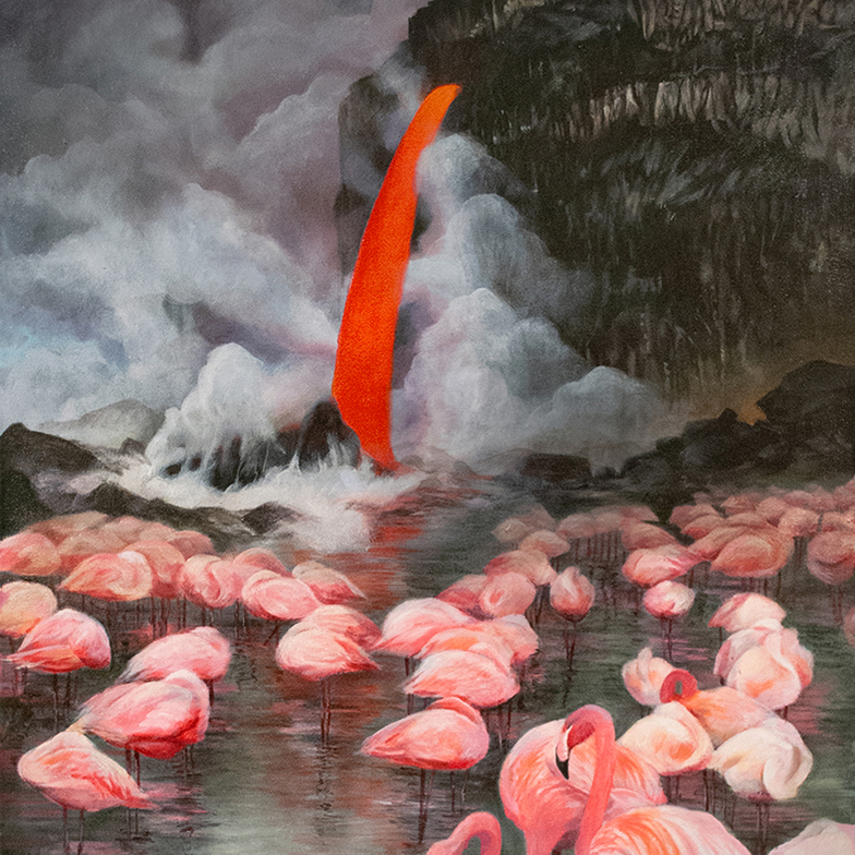 a flock of flamingos standing in front of a backdrop of a single lava flow cascading from a sheer cliff face with smoke rising up around
