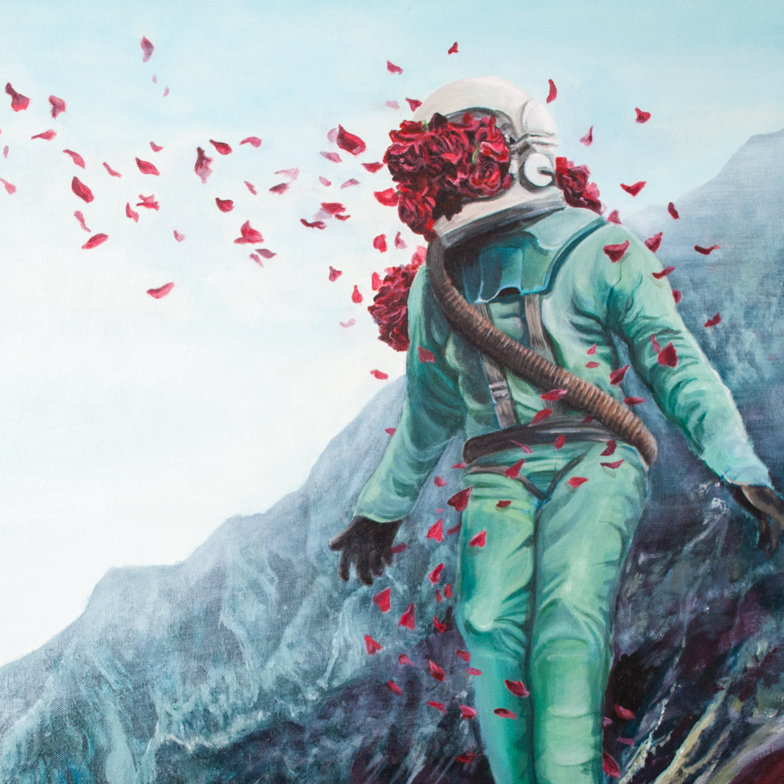 levitating astronaut with a helmet exploding with flowers placed in a mountainous terrain