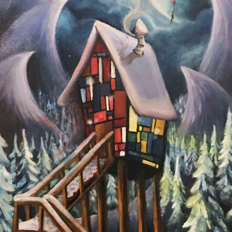 rainbow colored stained glass house surrounded by snow covered mountains and trees at nighttime